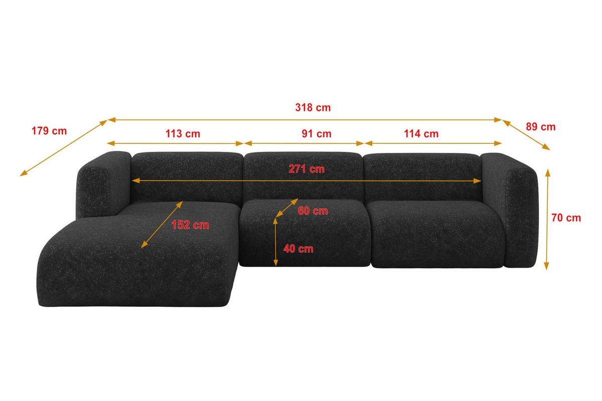 ECKSOFA Ottomane Links MIRA-L2 318x179x89 Schwarz Velours - Schwarz, Holzwerkstoff/Kunststoff (318/179cm) - ALTDECOR