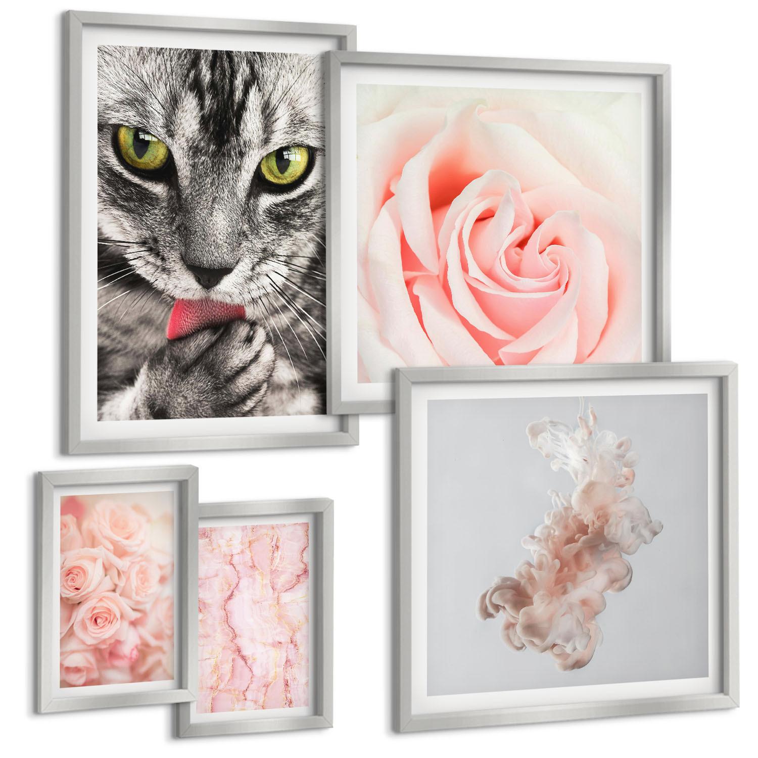 BILDER SET 5er Set - 50x50 cm & 20x30 cm & 40x60 cm Silberner Rahmen - Boho-Küchengras-Schriftzug - Silberfarben, Kunststoff (40/60cm) - TULUP