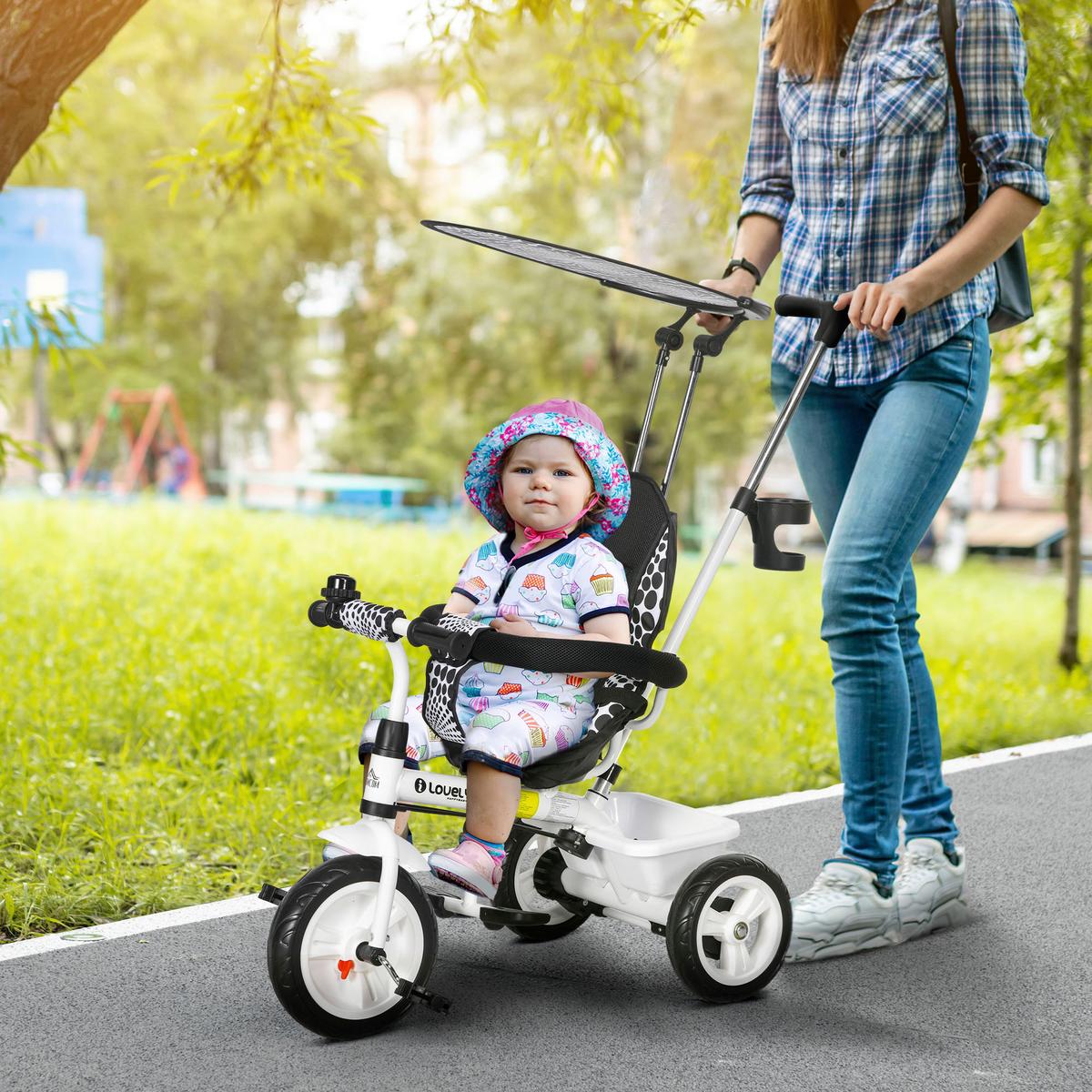 6-IN-1 Dreirad mit Schubstange, Kinderdreirad mit abnehmbarem Sonnendach Weiß - Weiß, Metall (105/47/98cm) - HOMCOM