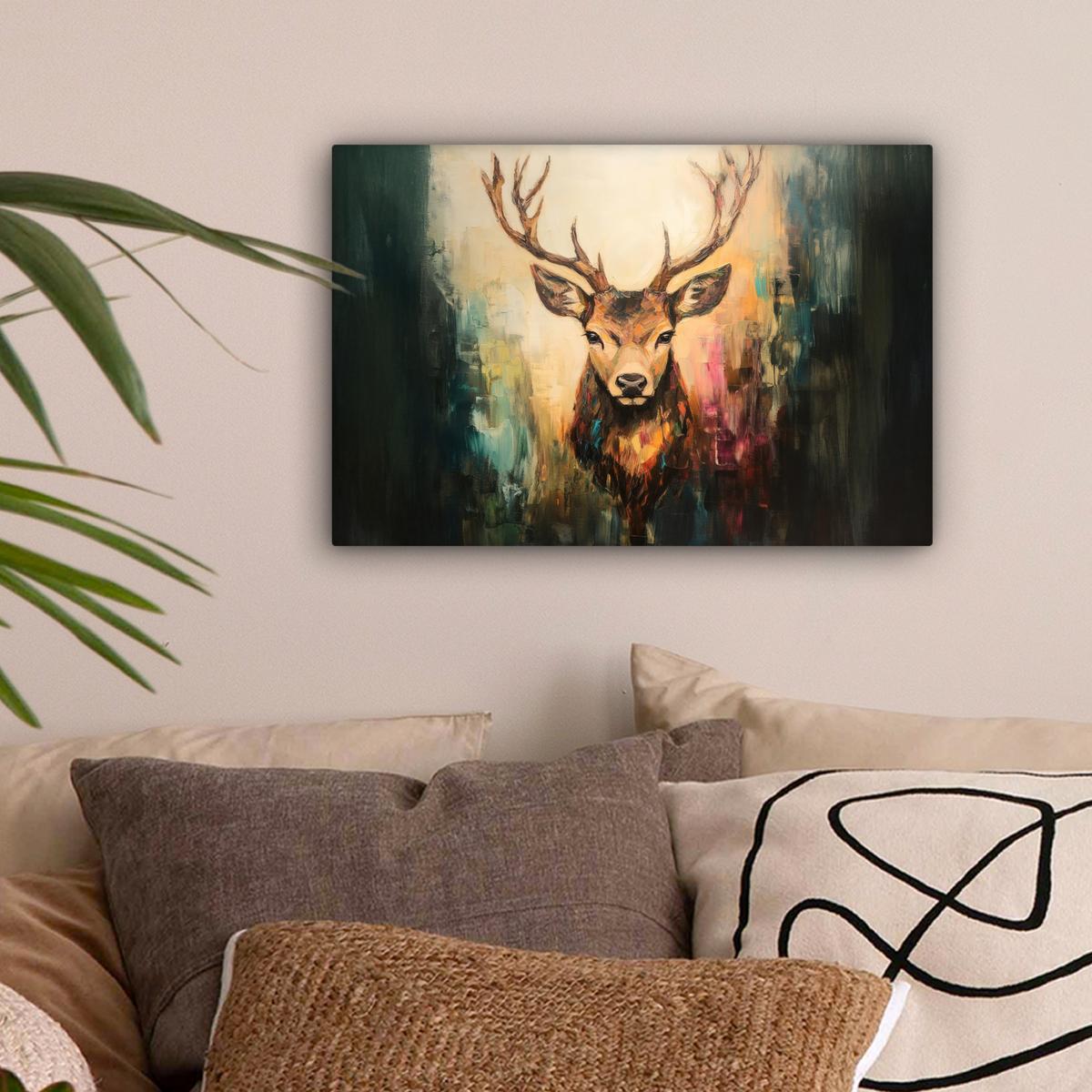 LEINWANDBILD Hirsch - Gemalt - Geweih - Braun Deko Schlafzimmer 30x20 cm - Haselnussfarben, Textil (30/20cm) - MuchoWow