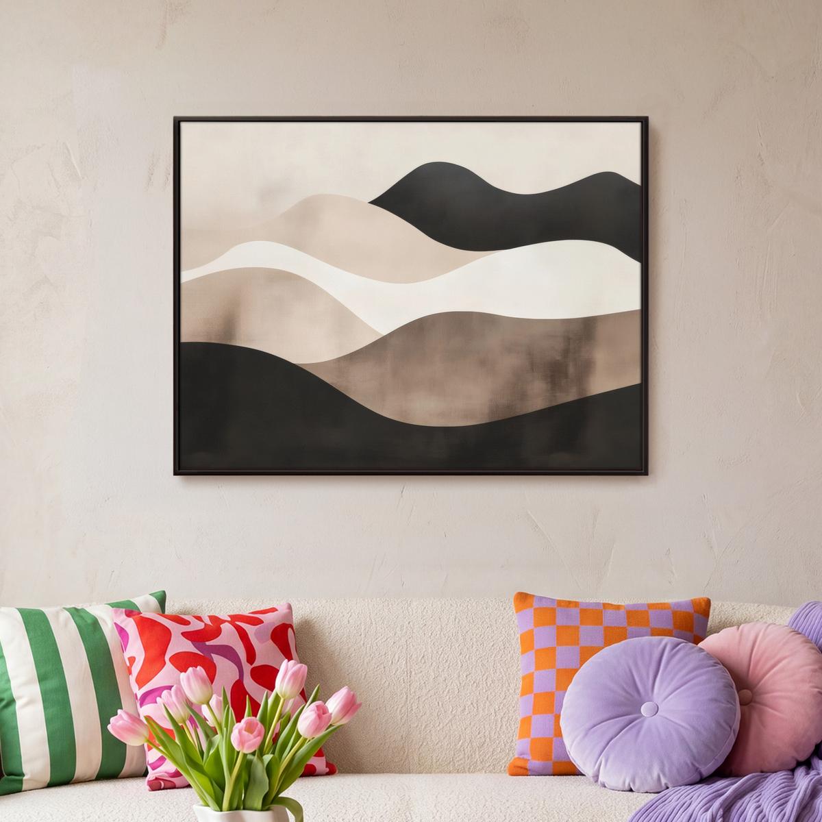 LEINWAND Bilder mit Rahmen - Abstrakt - Landschaft - Wellen - Cremefarben - 80x60 - Cappuccino, Textil (80/60cm) - MuchoWow