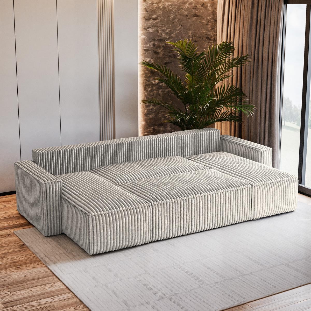 WOHNLANDSCHAFT PESANO T Hellgrau Kordstoff mit Schlaffunktion - Champagner/Grau, Holz/Kunststoff (306/85/140cm) - MASSENO