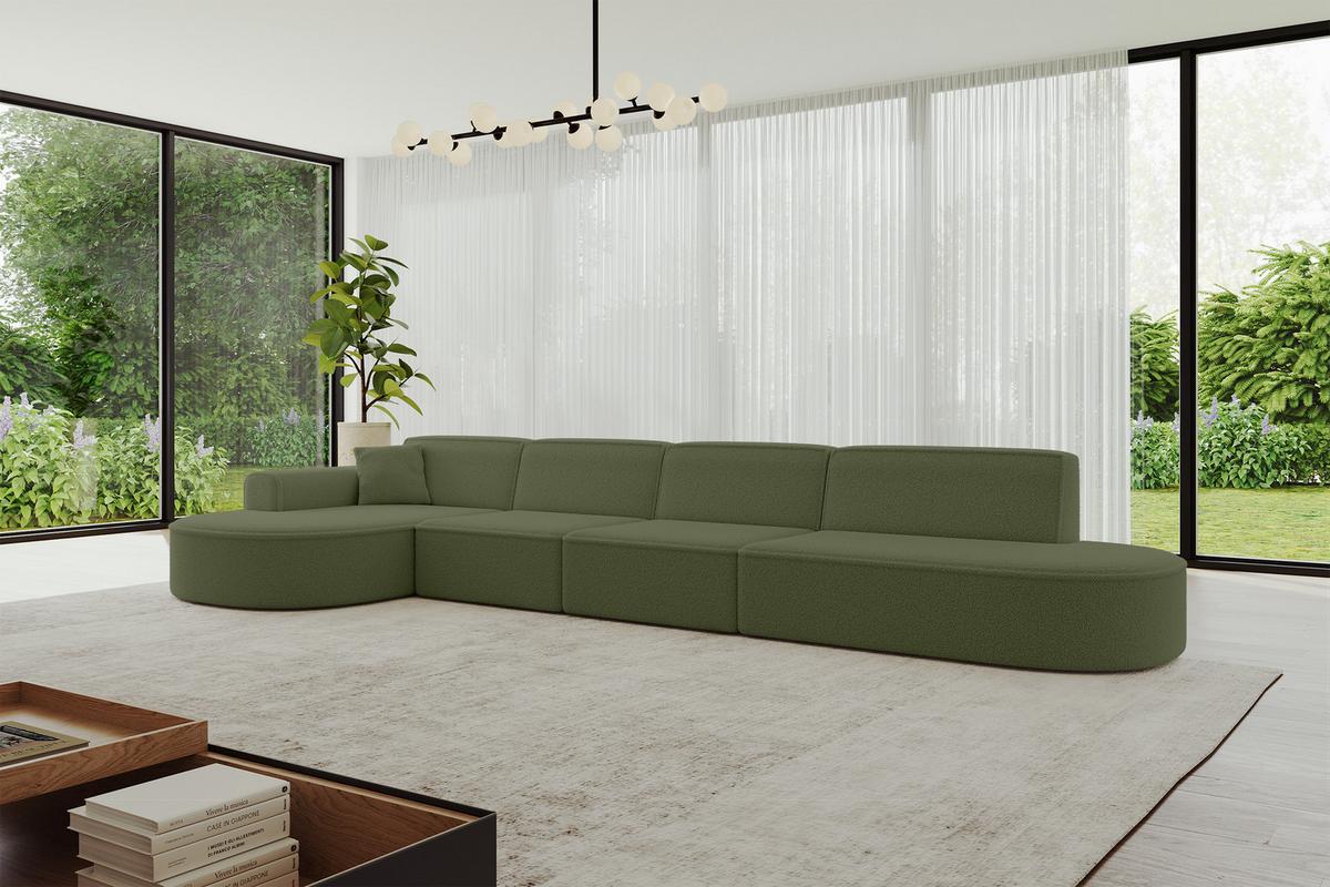 ECKSOFA Ottomane Links MARI-L3 - 413x171x79 cm Grün Bouclé - Schwarz/Grün, Holzwerkstoff/Kunststoff (165/406cm) - ALTDECOR