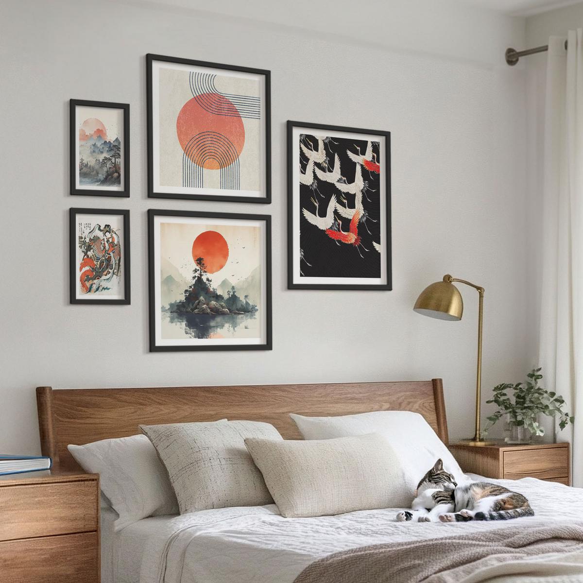 BILDER SET 5er Set - 50x50 cm & 20x30 cm & 40x60 cm Schwarzer Rahmen - Asiatische Landschaften Japandi - Schwarz, Kunststoff (40/60cm) - TULUP