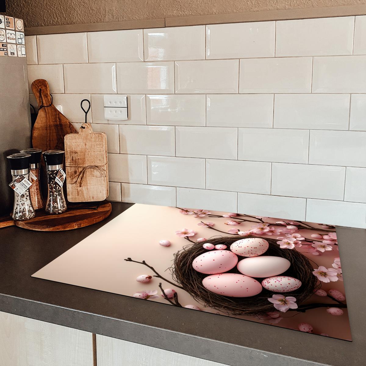 HERDABDECKPLATTE Rosa - Blüten - Eier Induktionsmatte 71x52 cm - Hellrosa, Kunststoff (71/52/0.2cm) - MuchoWow