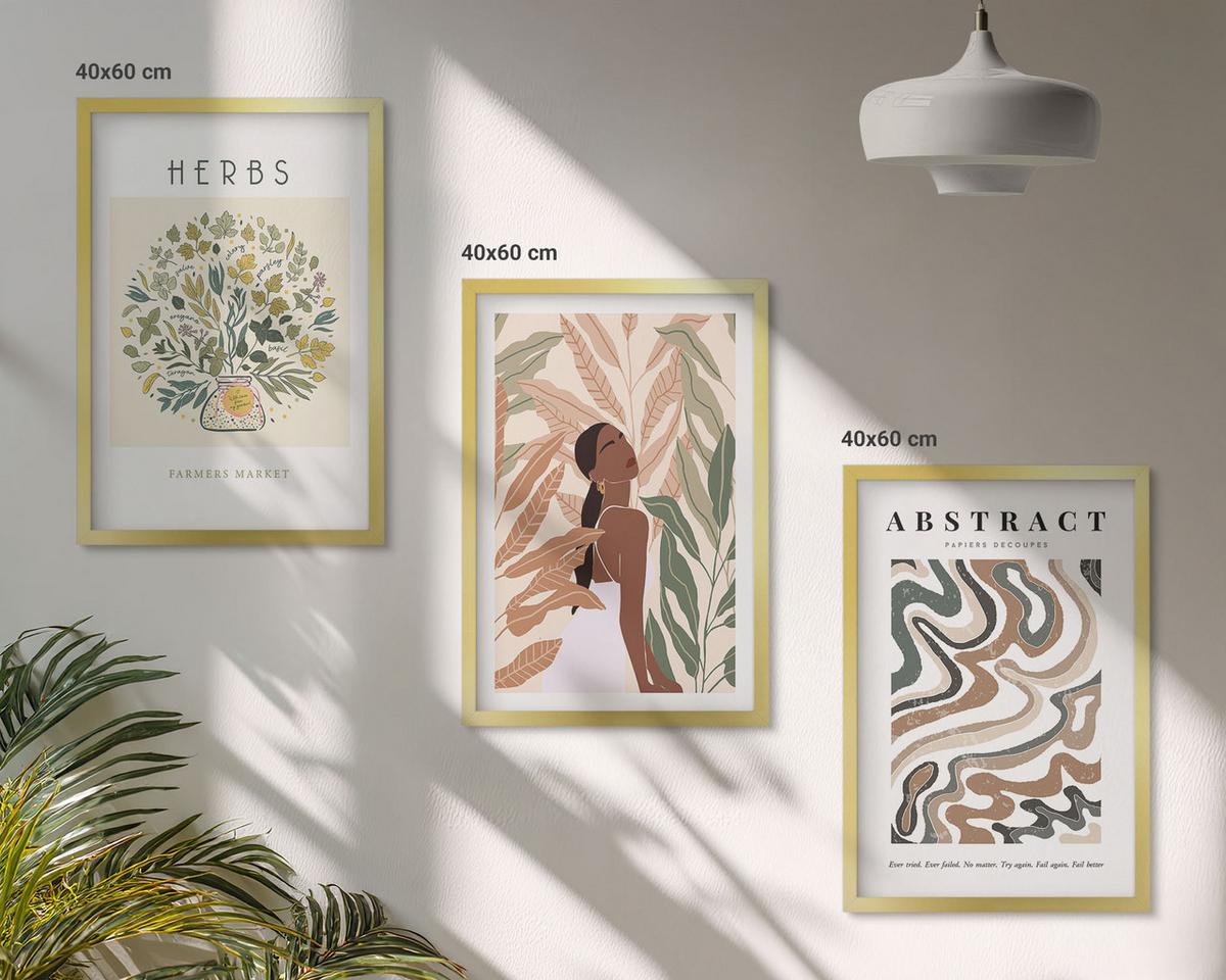 BILDER SET 3er Set - 40x60 cm Goldrahmen - Boho-Pastell-Minimalisten-Poster - Goldfarben, Kunststoff (40/60cm) - TULUP