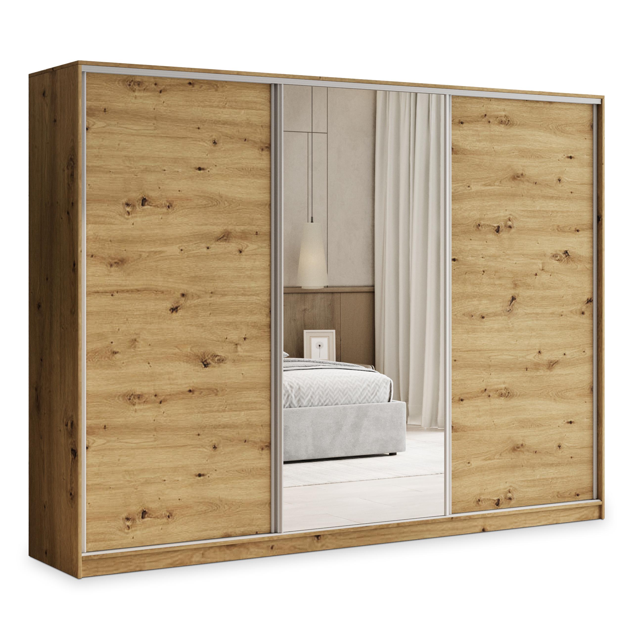 SCHWEBETÜRENSCHRANK TARI 270/205/58 cm 3-türig mit Spiegel und 4 Schubladen Eiche Artisan - Eiche Artisan, Holzwerkstoff (270/205/58cm) - MASSENO