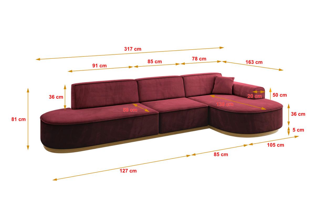 ECKSOFA Ottomane Rechts MARI-L2-v2 - 328x171x83 cm Bordeaux Velours - Bordeaux, Holzwerkstoff/Textil (171/328cm) - ALTDECOR