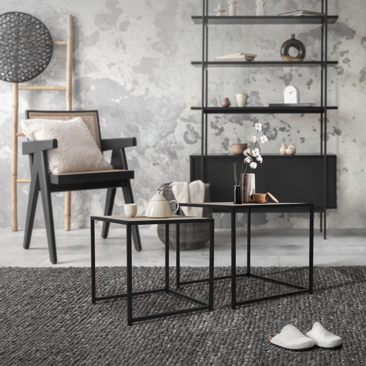BEISTELLTISCH 2er Set 40x40x40 cm / 50x50x45 cm Schwarz-Eichenoptik aus Metall - Schwarz/Braun, Metall (50/50/45cm) - ML-DESIGN