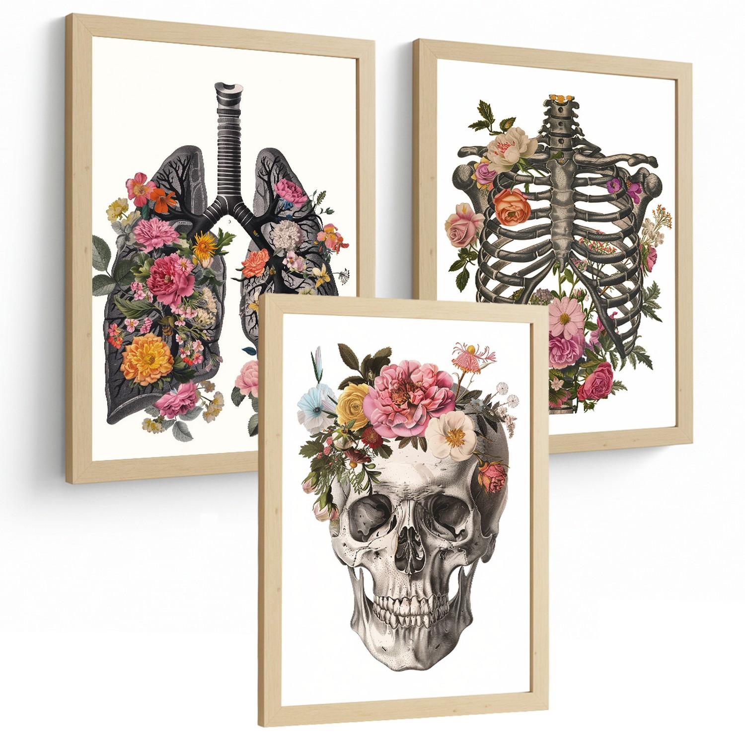 POSTER Set aus 3 Anatomie Mensch Drucke und mit Lungen Luftröhre Bronchien Rippen Wirbelsäule und Schädel Modernes Florales Leichter Holzrahmen A4 - Beige, Papier (21/29.7/3cm) - Nacnic