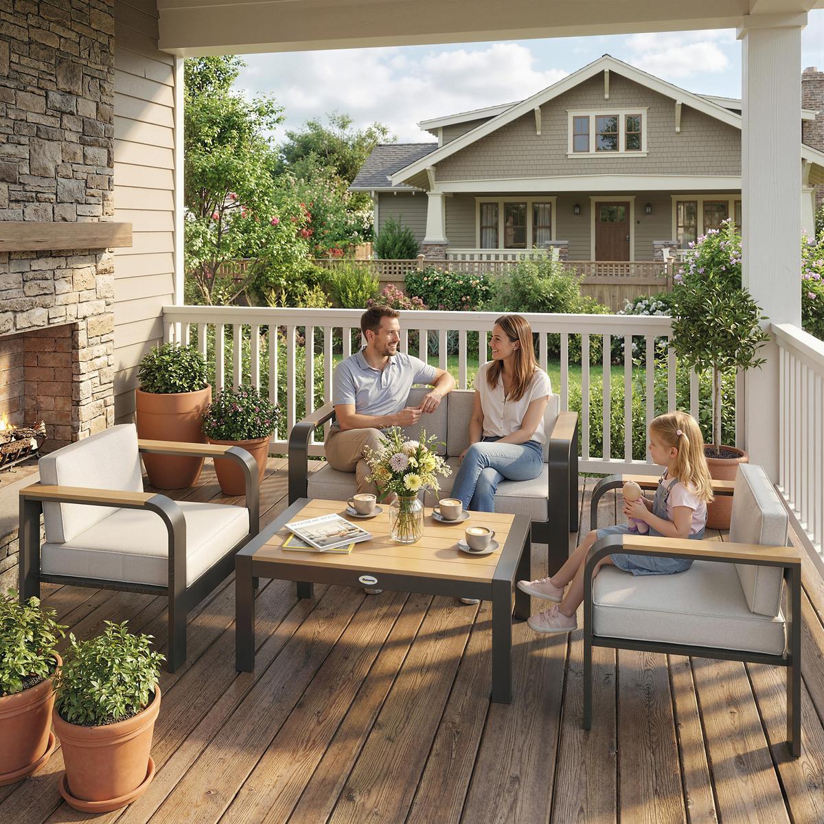 GARTENMÖBEL-SET 4er Set Aluminium WPC Beige - Beige/Teakfarben, Textil/Metall - Outsunny
