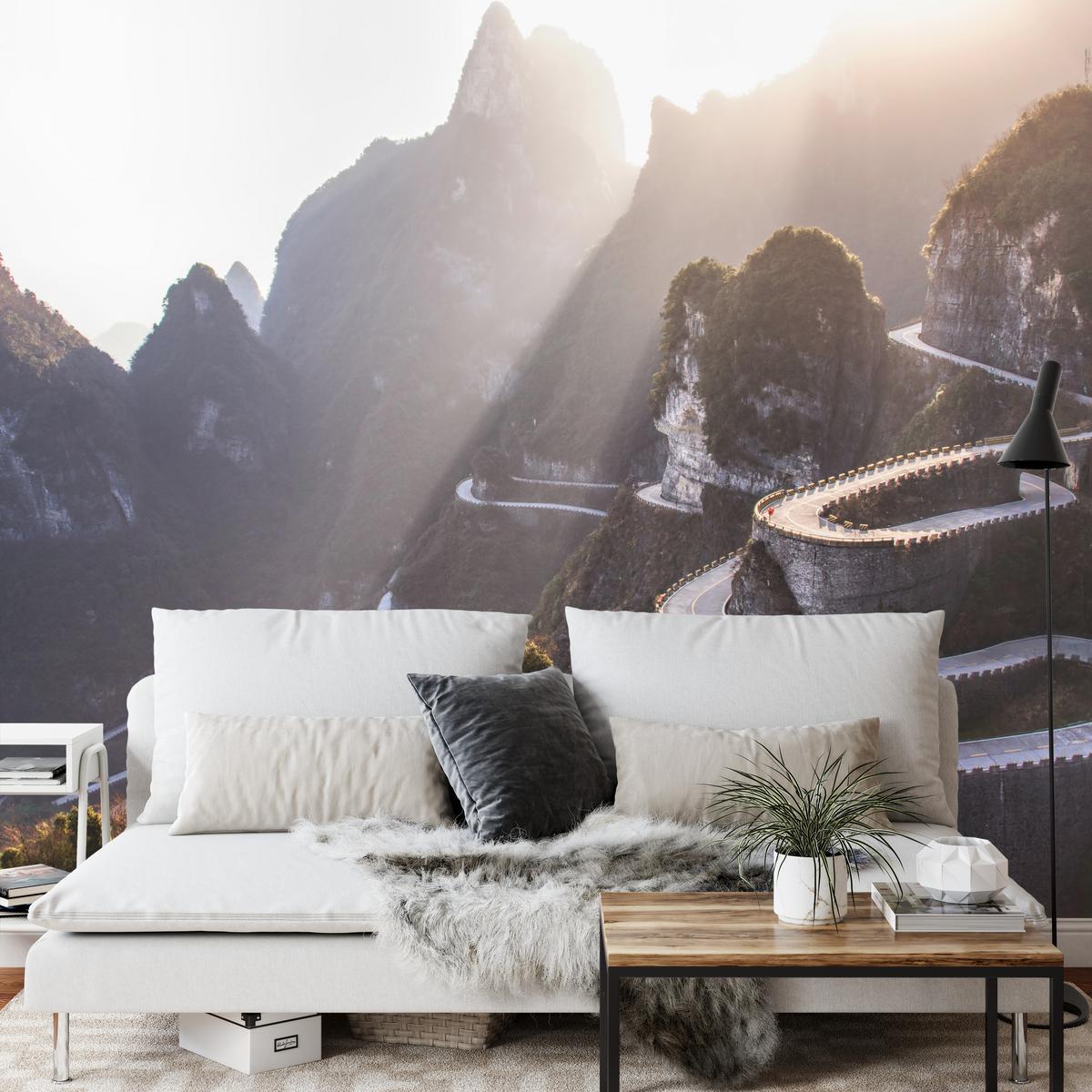 FOTOTAPETE für Wohnzimmer Felsige Bergstraße Sonnenuntergang 350x256 - Beige/Gelb, Papier (350/256cm) - Muralo