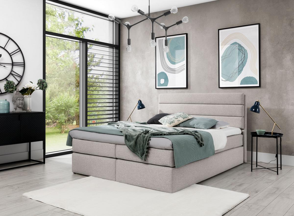 BOXBETT Sequoio 180/200 cm in Beige – mit Matratze und Topper - Beige/Schwarz, Holz/Holzwerkstoff (180/200cm) - AX Living
