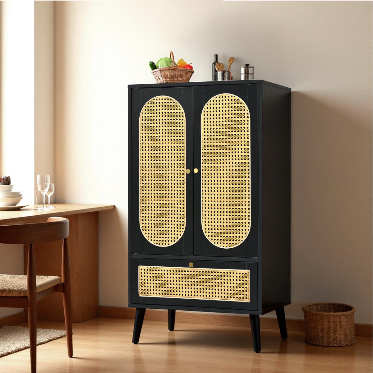 HIGHBOARD Aus Rattan Schwarz 60/40/110,5 cm - Schwarz, Holzwerkstoff/Metall (40/111/60cm) - Urban Meuble
