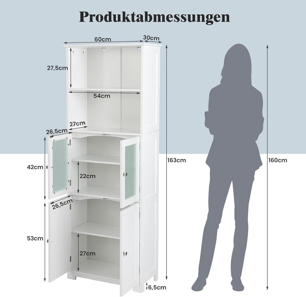 BADSCHRANK mit Glastüren Weiß - Weiß, Holz (60/163/30cm) - COSTWAY