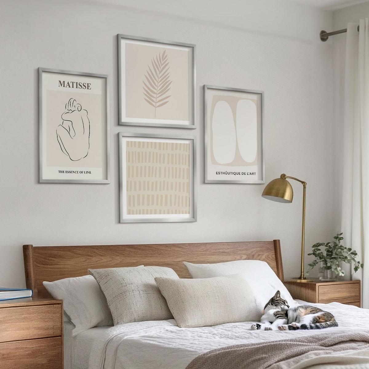 BILDER SET 4er Set - 50x50 cm & 40x60 cm Silberner Rahmen - Linien, Formen, Beige, Weiß - Silberfarben, Kunststoff (50/50cm) - TULUP