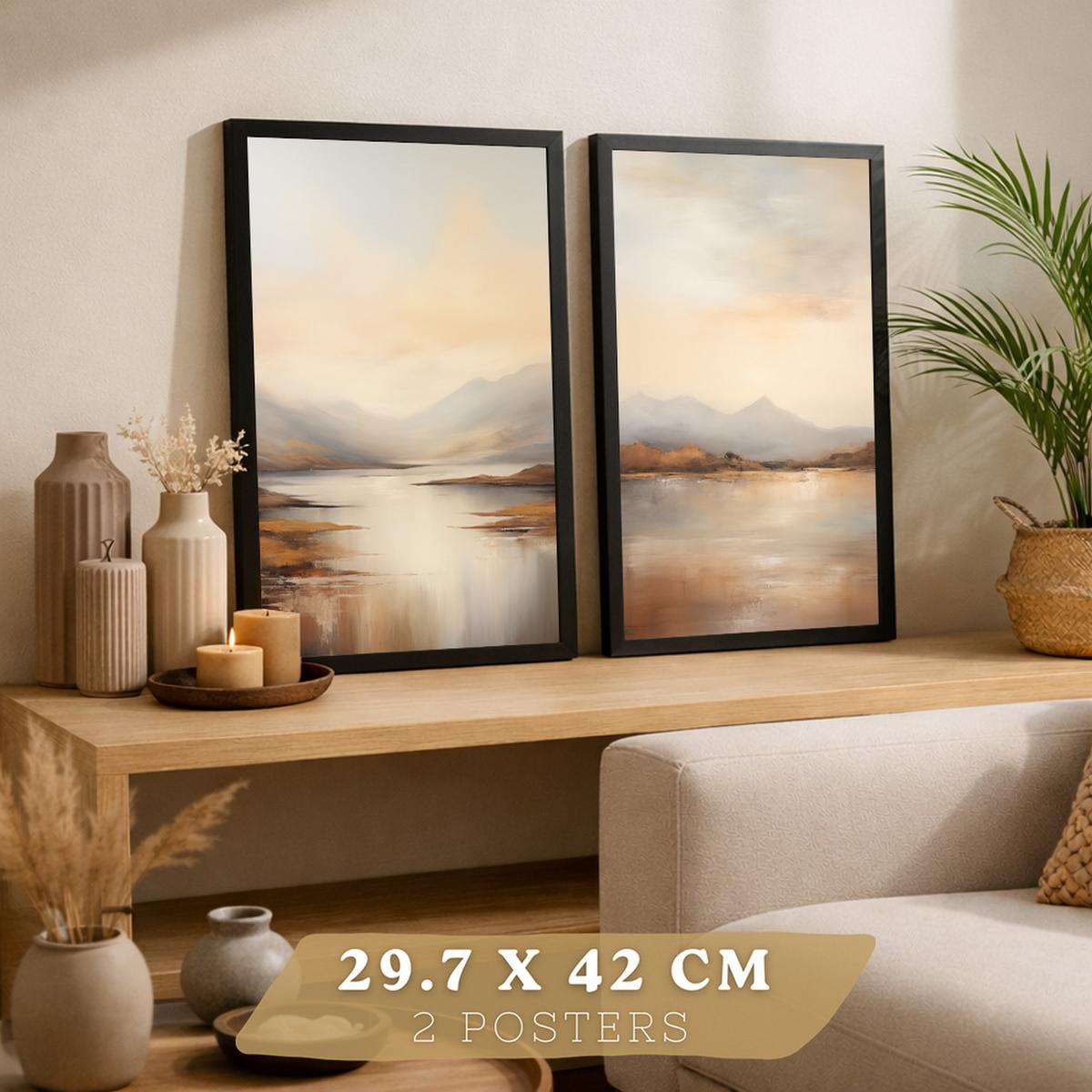 POSTER 2er-Set Wandbilder Sonnenaufgang modern Wohnzimmer Deko, Schlafzimmer, Küche, Badezimmer Schwarzer Rahmen A3 - Schwarz, Papier (29.7/1/42cm) - Nacnic