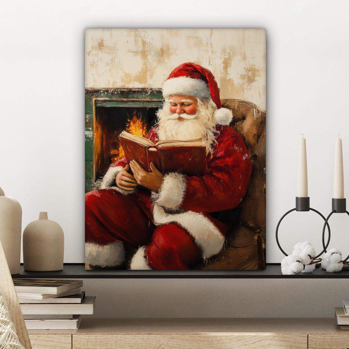 LEINWANDBILD Weihnachten - Weihnachtsmann - Winter - Open Fireside Room Decor 30x40 cm - Dunkelrot, Textil (30/40cm) - MuchoWow