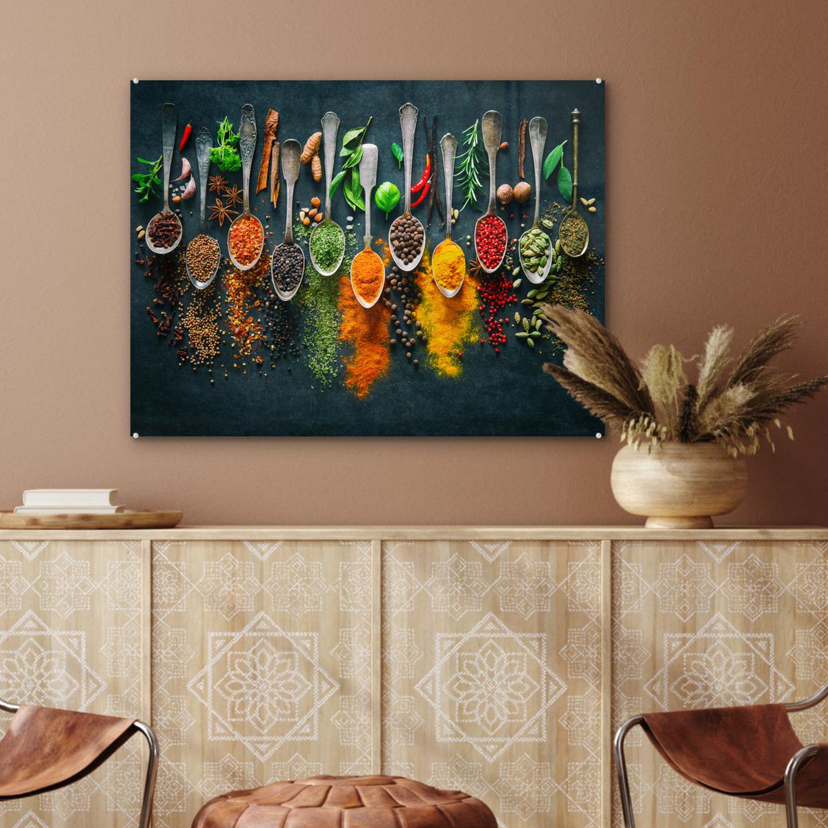 ACRYLGLASBILD Kräuter - Gewürze - Löffel 80x60 cm - Currygelb, Glas (80/60cm) - MuchoWow