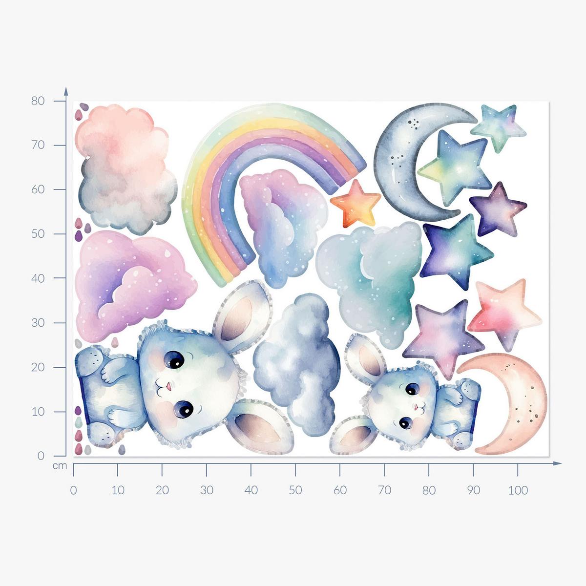 WANDAUFKLEBER 80x107cm - Niedliche Häschen am Himmel - Multicolor, Kunststoff (80/107/0.1cm) - Wallfluent