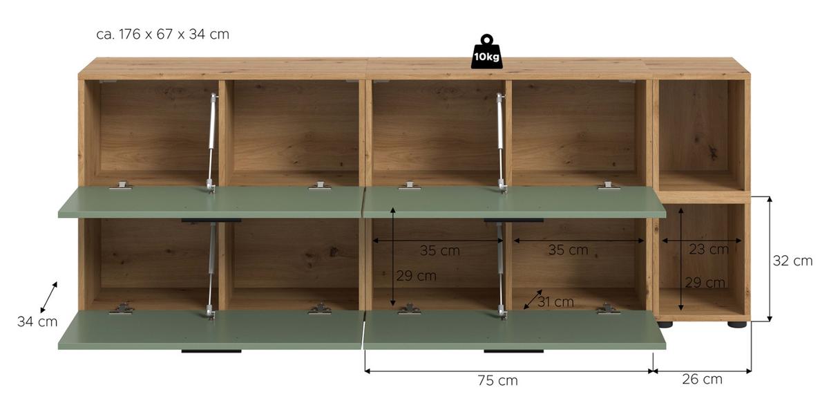 TV-LOWBOARD Grün, Eiche Artisan 176 cm, Fernsehtisch hängend / stehend - Schwarz/Eiche Artisan, Holzwerkstoff/Kunststoff (176/67/34cm) - Inn.Furn