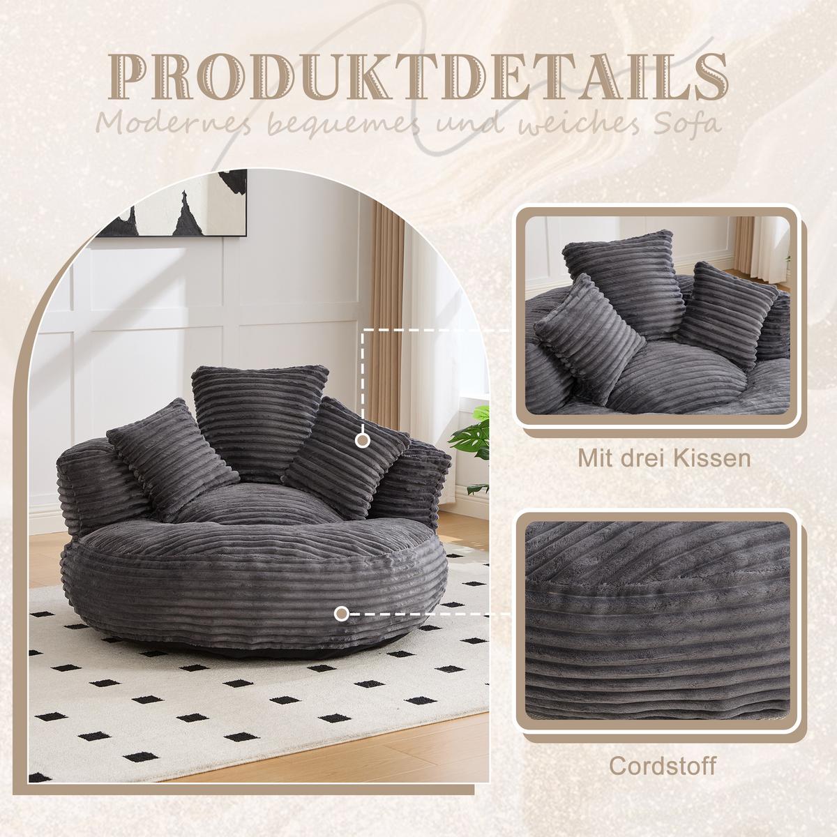 SITZSACK cord dunkelgrau mit rückenlehne & 3 kissen - Dunkelgrau, Textil (108/52/108cm) - Urban Meuble