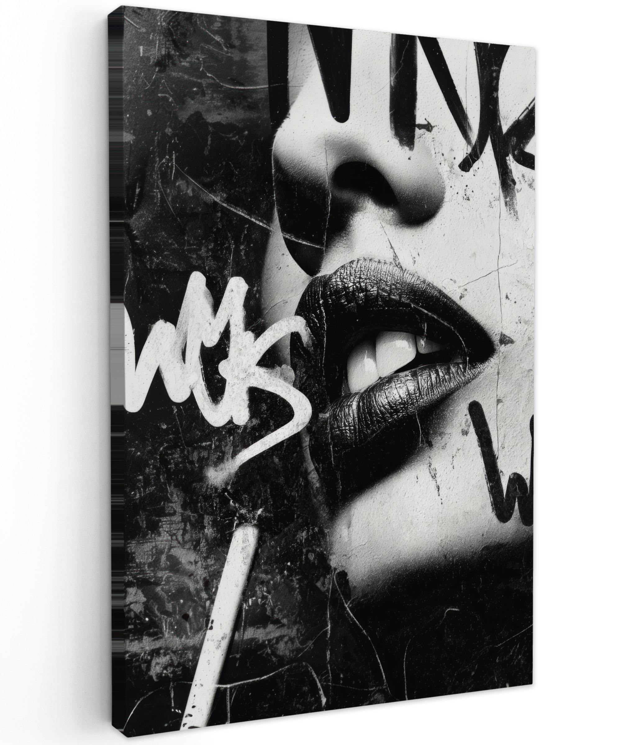 LEINWANDBILD Gesicht - Mund - Graffiti - Schwarz Deko Wohnzimmer 20x30 cm - Schwarz, Textil (20/30cm) - MuchoWow