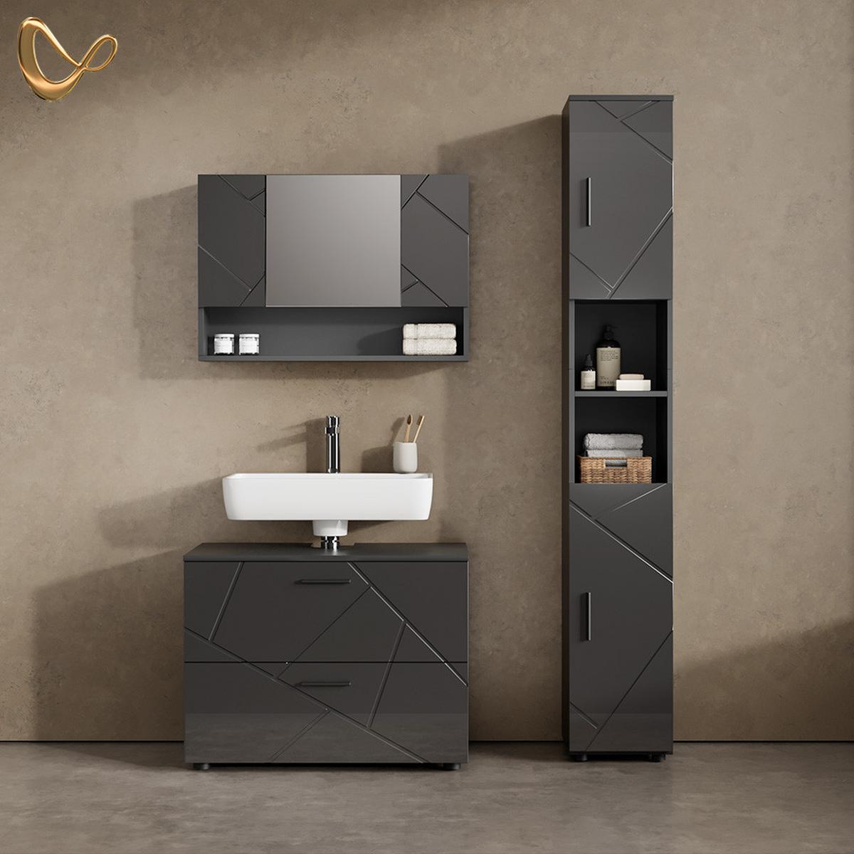 BADMÖBEL-SET Ronco Anthrazit Hochglanz 2 Teile, Unterschrank 80 cm - Schwarz Hochglanz, Holzwerkstoff (41/80/58cm) - Livinity®