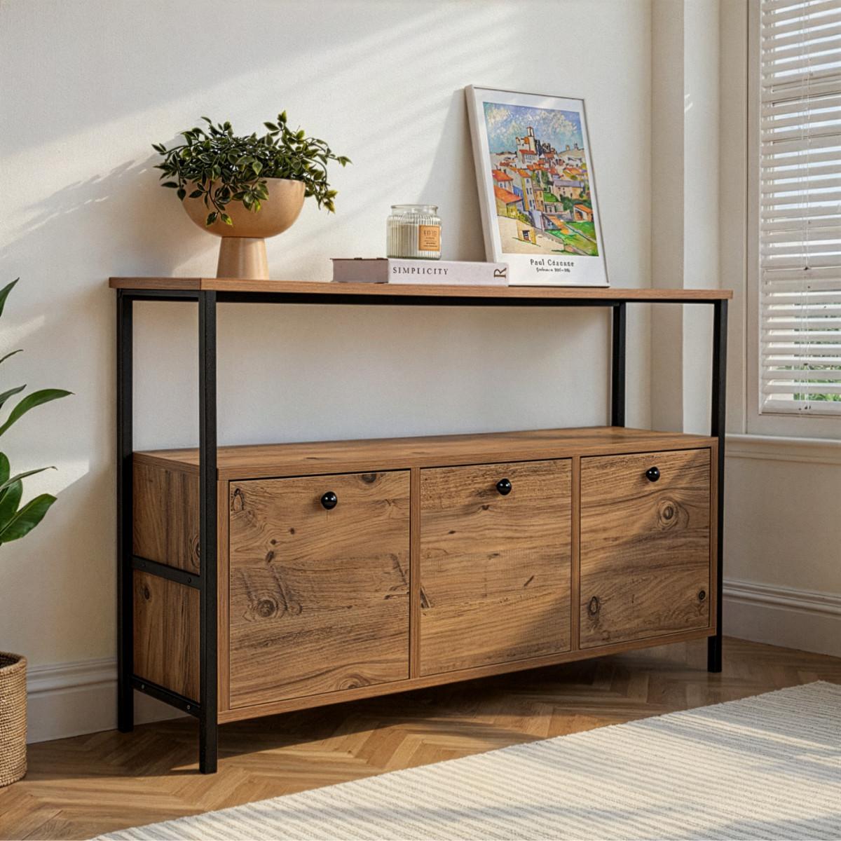 SIDEBOARD mit 3 Türen und 1 oberer Ablagefläche 120/29,5/77 cm - Schwarz/Kieferfarben, Holzwerkstoff (29.5/77/20.5cm) - Calicosy