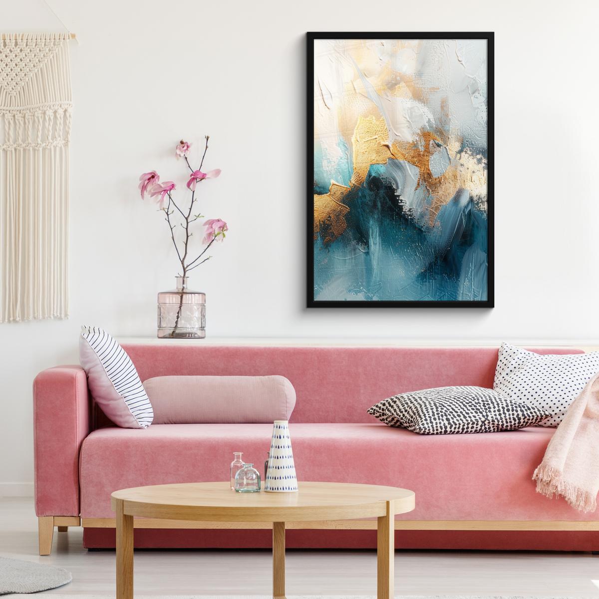 POSTER MIT RAHMENGERAHMTES BILD Abstrakt - Kunst - Gold - Blau 60x90 cm - Petrol, Papier (60/90cm) - MuchoWow