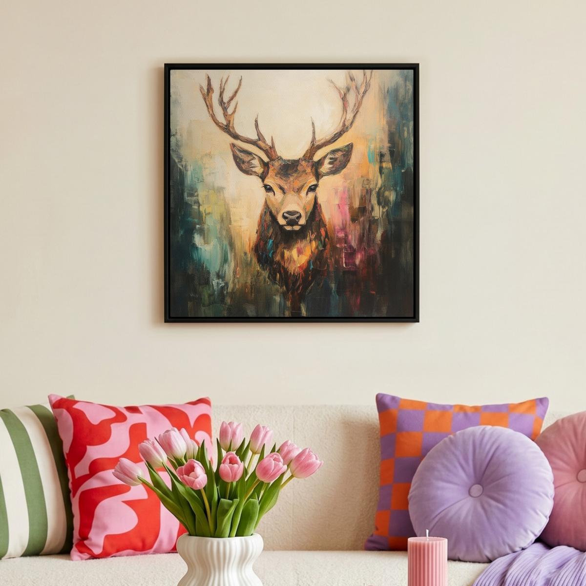 LEINWAND Bilder mit Rahmen - Hirsch - Gemalt - Geweih - Braun - 50x50 - Haselnussfarben, Textil (50/50cm) - MuchoWow