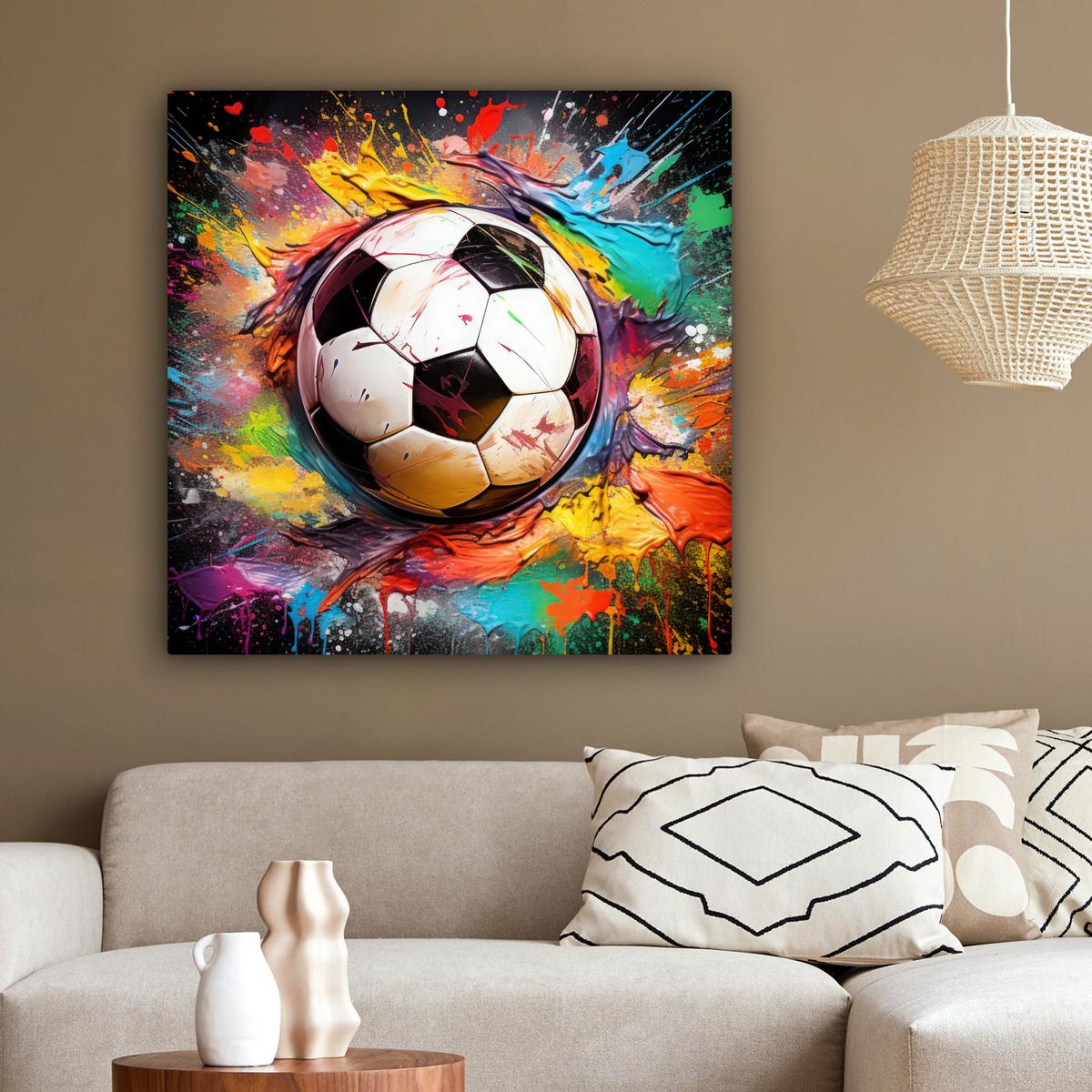 LEINWANDBILD Fußball - Farbe - Farben - Schwarz - Weiß Deko Groß 90x90 cm - Weiß, Textil (90/90cm) - MuchoWow