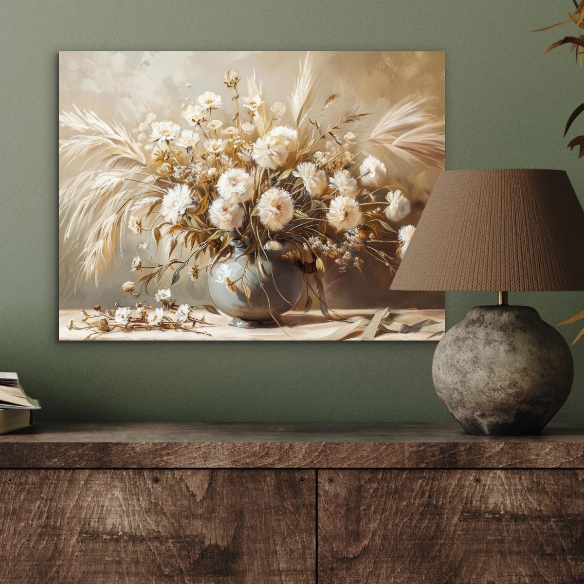 METALLBILD Blumen - Vase - Stilleben - Beige 40x30 cm - Creme, Metall (40/30cm) - MuchoWow