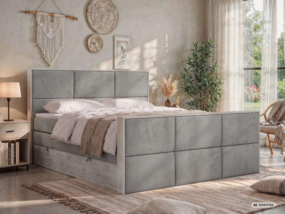 BOXSPRINGBETT DELNOR KING DUO 140/200 - Hellgrau Velvet - Topper Visco - H3 - Hellgrau/Schwarz, Kunststoff/Textil (140/200cm) - MKS