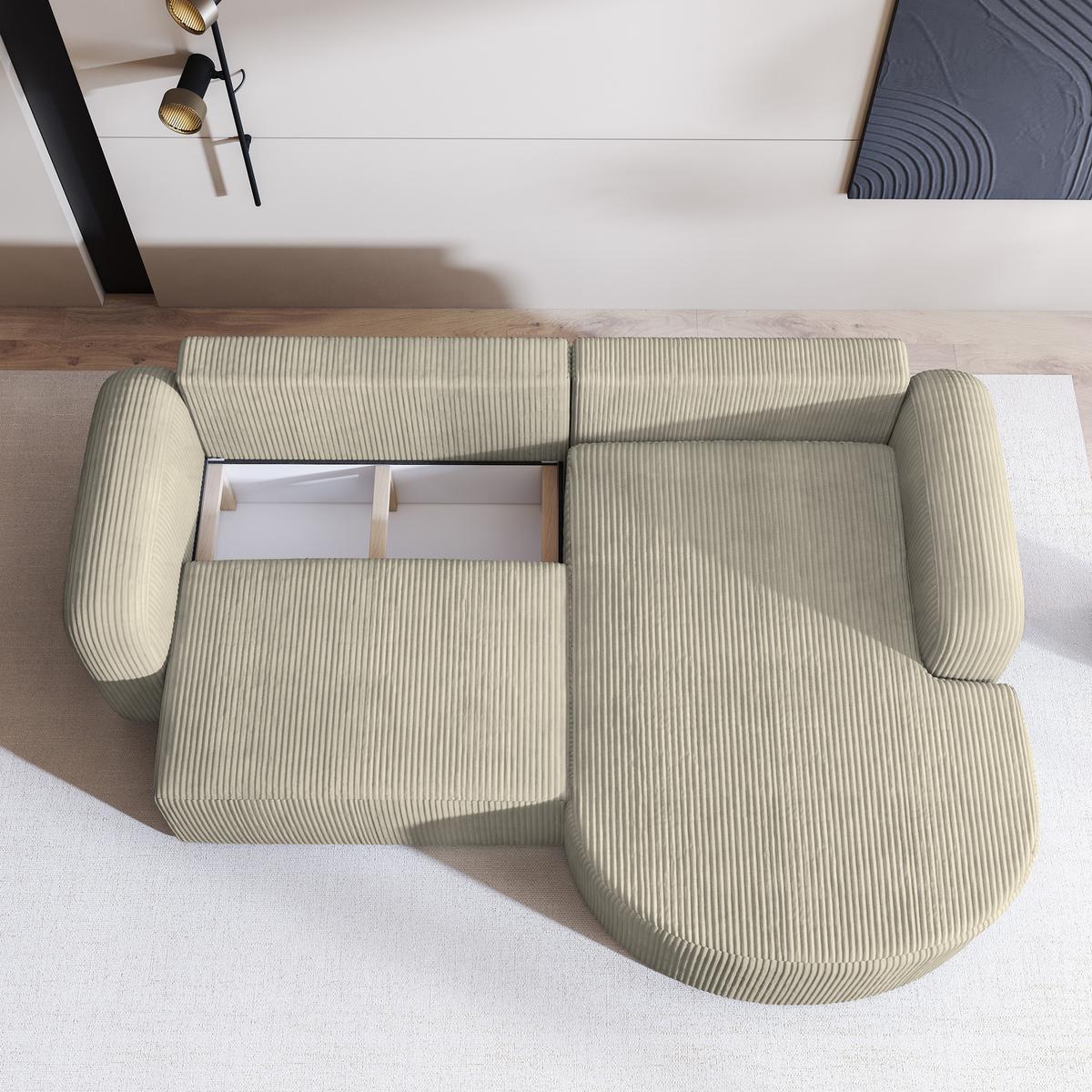 ECKSOFA AMILIA P R-S Creme Kordstoff mit Schlaffunktion - Creme, Holz (263/174cm) - MASSENO