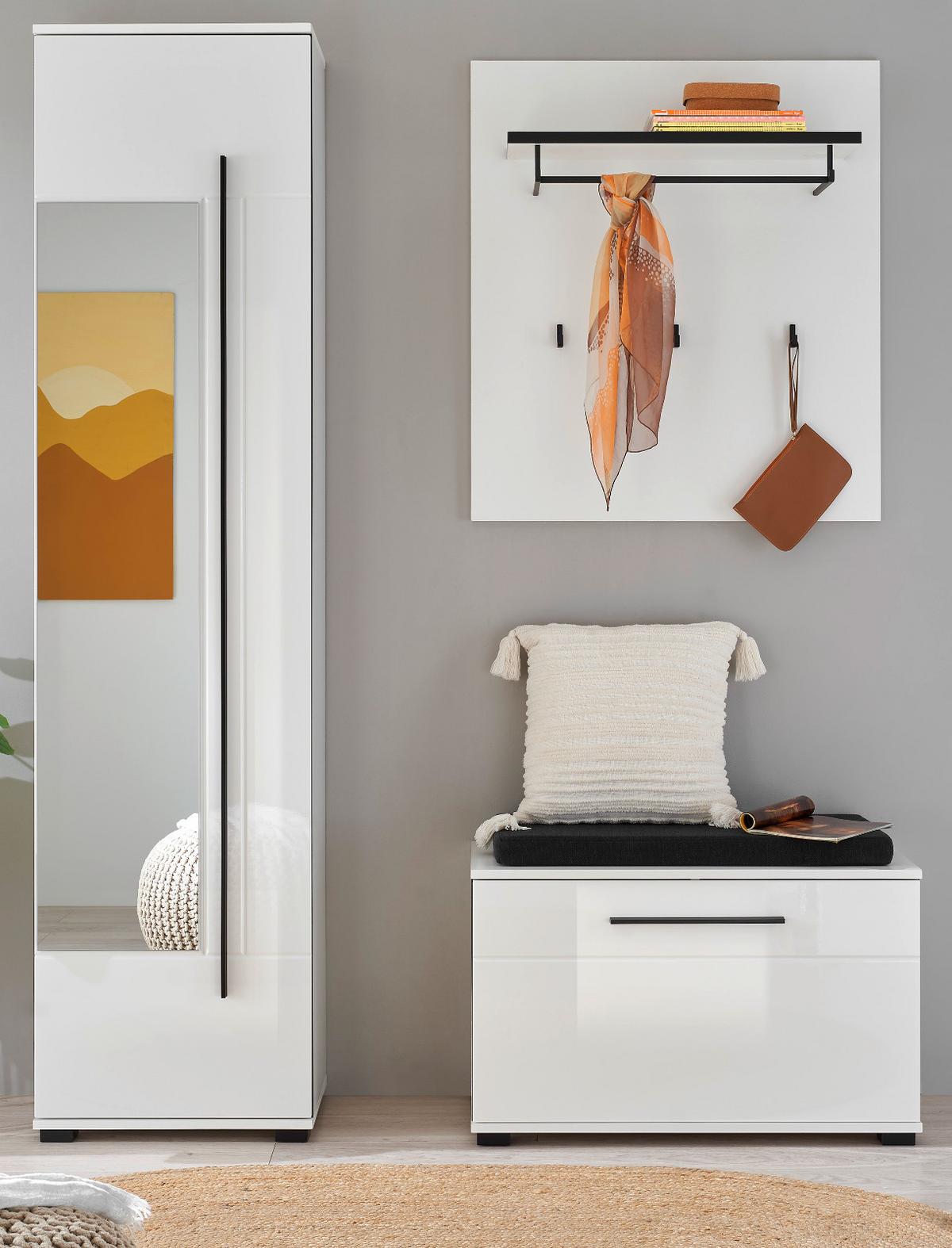 GARDEROBEN-SET weiß Hochglanz 4-teilig 140 cm, Flurgarderobe mit Spiegel - Dunkelgrau/Weiß Hochglanz, Glas/Holzwerkstoff (140/200/40cm) - Furn.Design