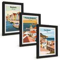 BILDER SET 3er Set - 20x30 cm Schwarzer Rahmen - Ansichten europäischer Küstenstädte - Schwarz, Kunststoff (20/30cm) - TULUP