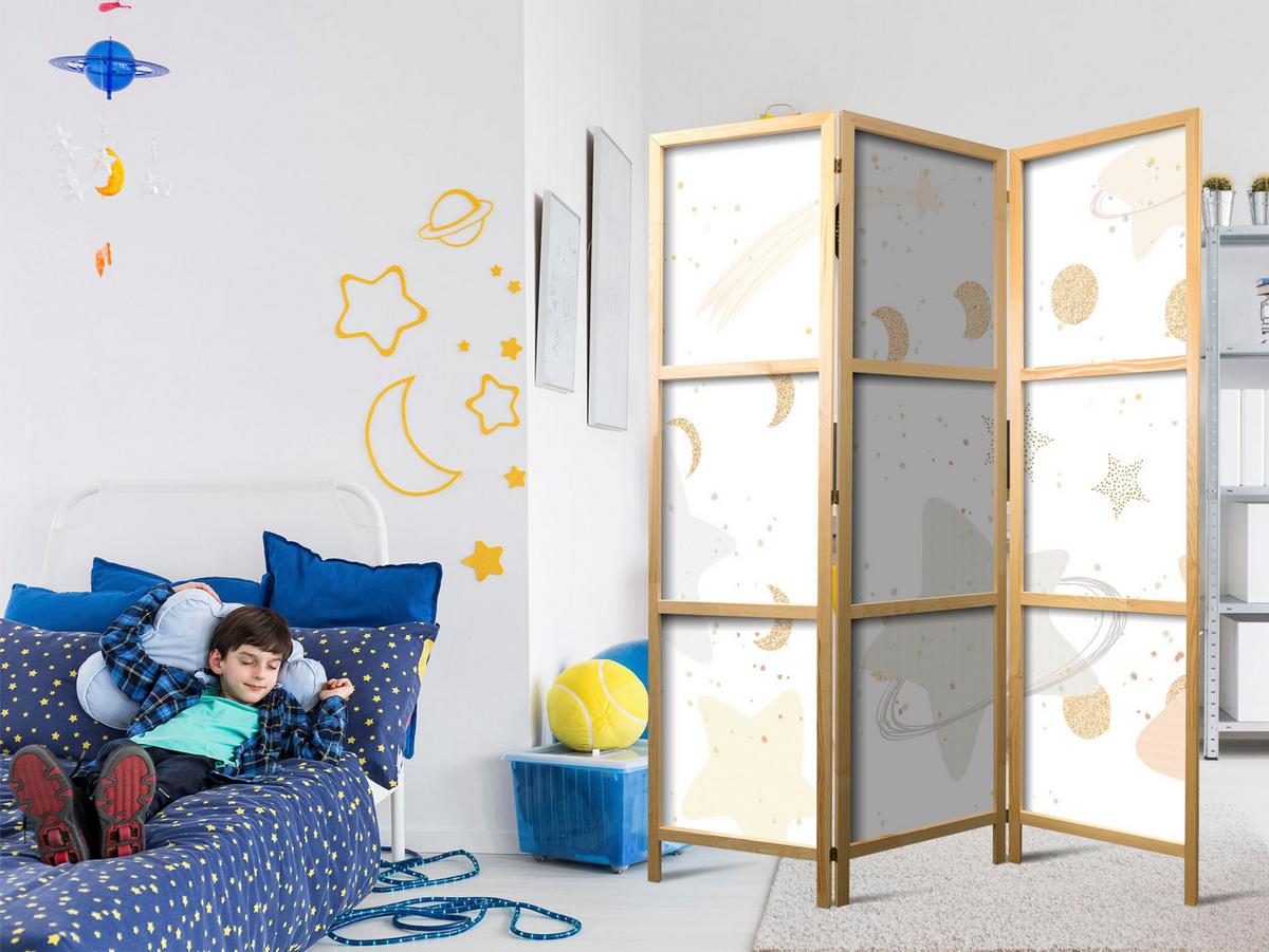 PARAVENT Japanischer 3-tlg 135x172 cm Pastellfarbene Sterne und Monde - Weiß, Holz/Textil (135/172/3cm) - Muralo