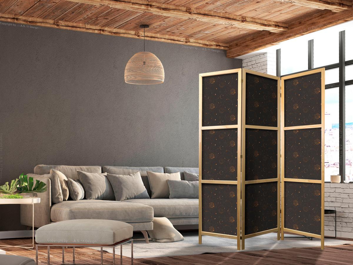 PARAVENT Japanischer 3-tlg 135x172 cm Sonnen Und Sterne - Braun, Holz/Textil (135/172/3cm) - Muralo