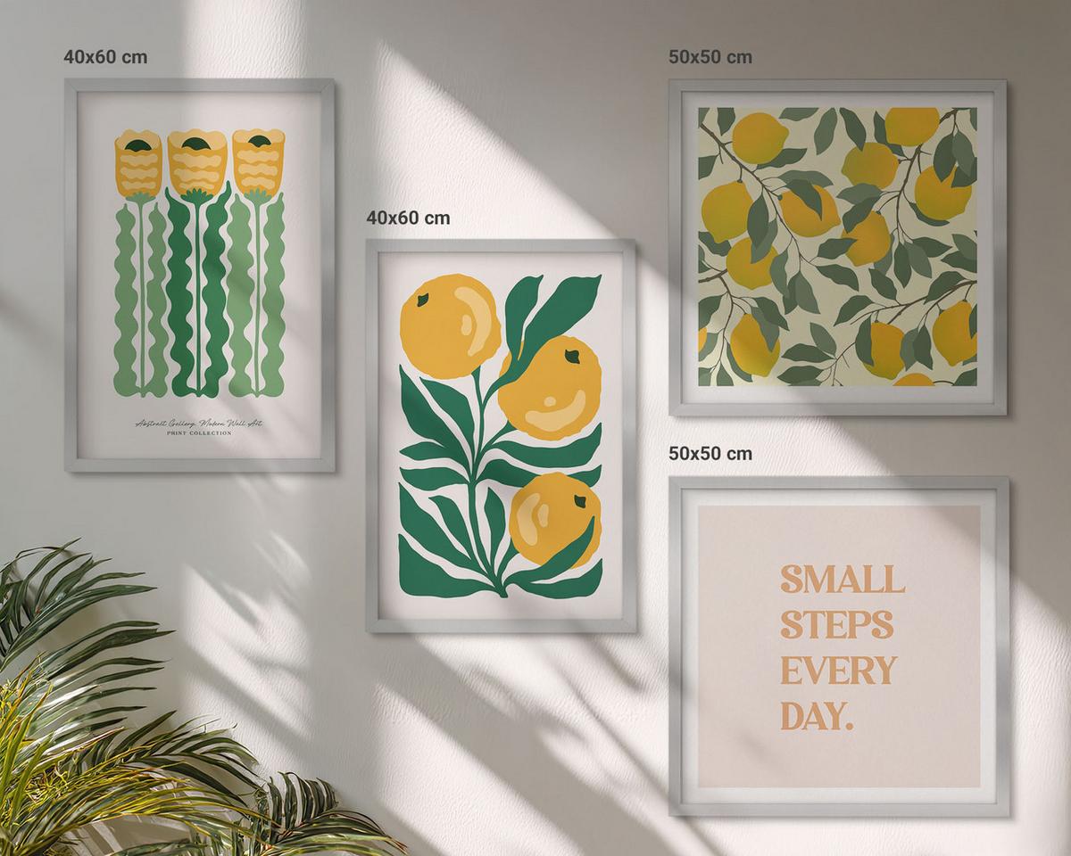 BILDER SET 4er Set - 50x50 cm & 40x60 cm Silberner Rahmen - Pflanzenmuster mit Blumen - Silberfarben, Kunststoff (50/50cm) - TULUP