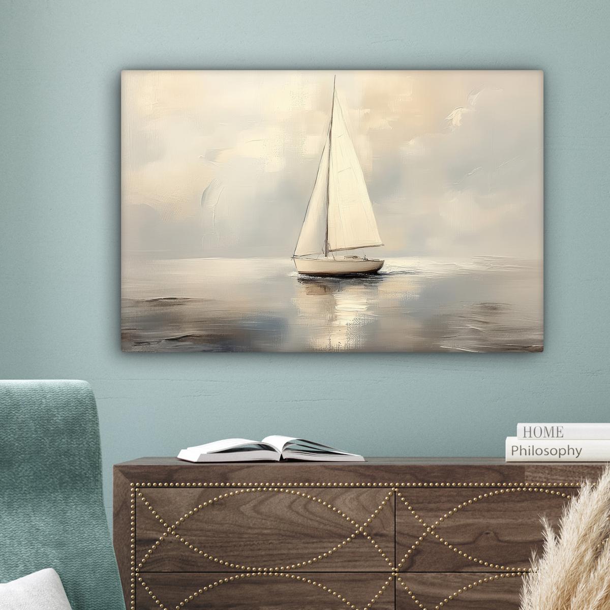 LEINWANDBILD Segelschiff - Meer - Bewölkt Gemälde 60x40 cm - Creme, Textil (60/40cm) - MuchoWow