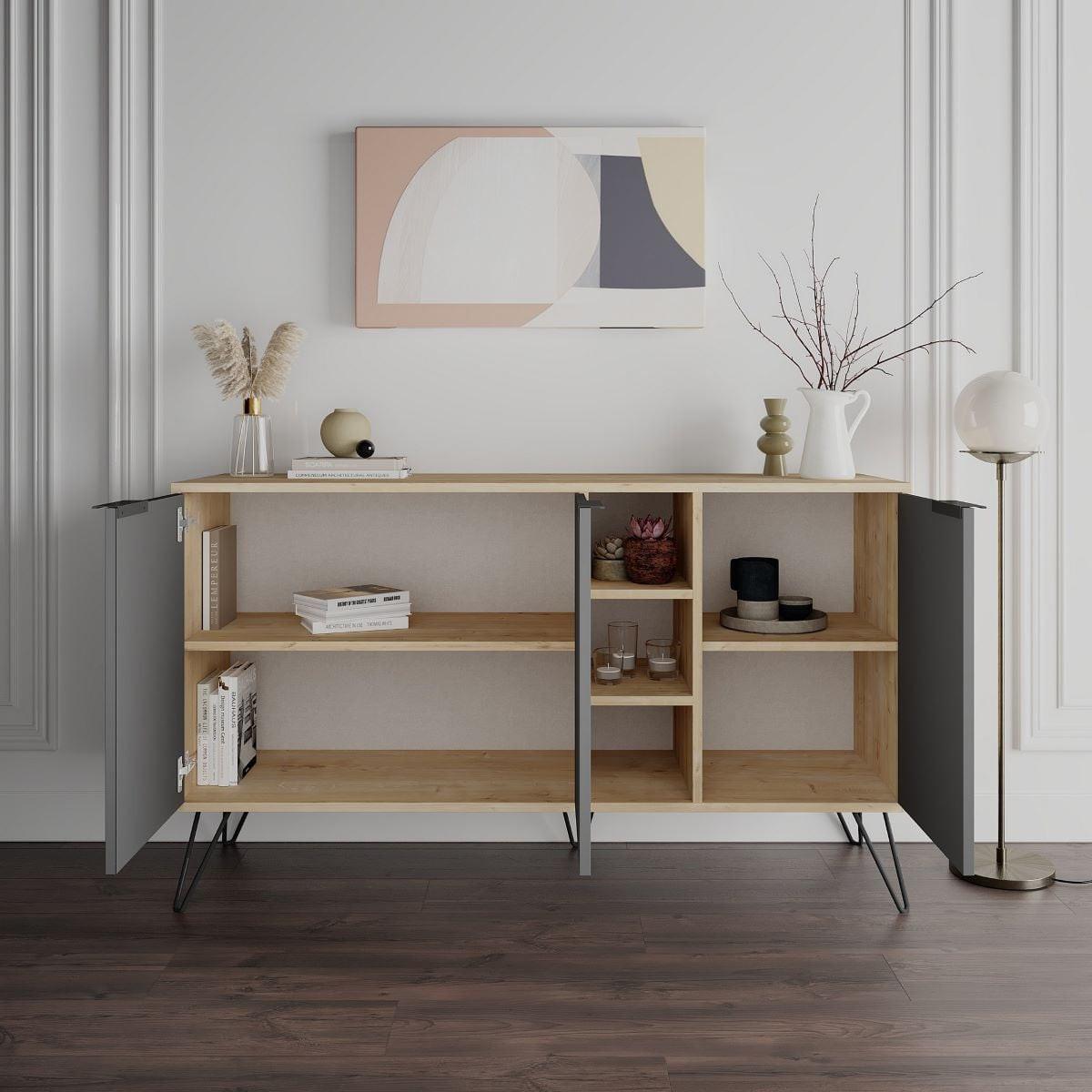 SIDEBOARD 3 Nischen und 3 Türen L142 cm - Clara - Anthrazit, Holzwerkstoff (35.6/83/15cm) - Calicosy