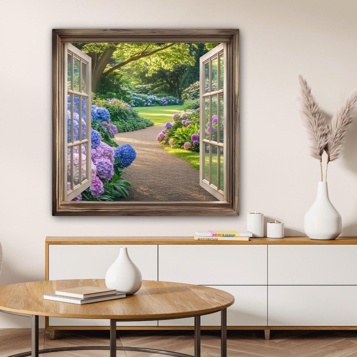 LEINWANDBILD Aussicht - Garten - Fenster - Hortensie - Blumen Deko Groß 90x90 cm - Pastellblau, Textil (90/90cm) - MuchoWow