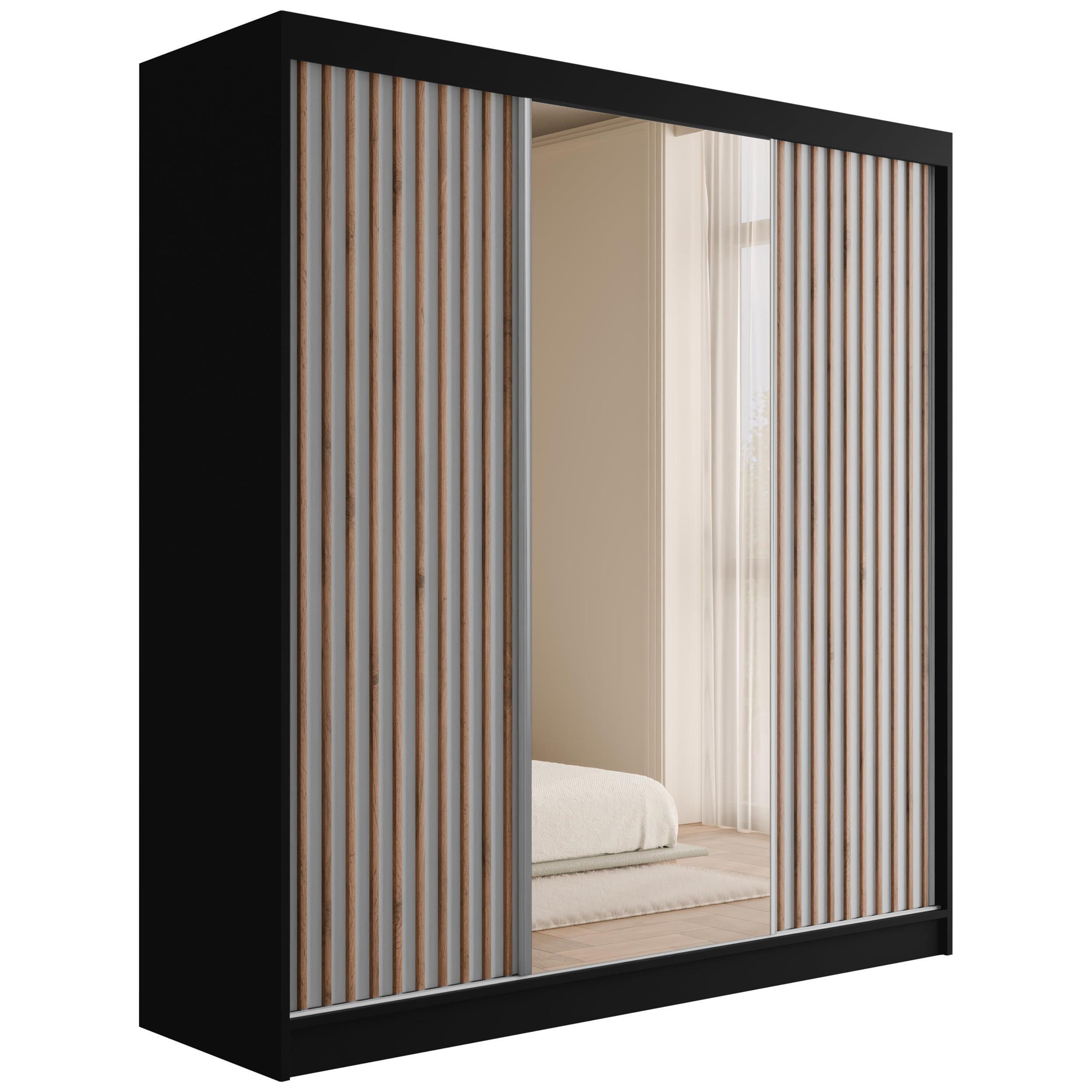 KLEIDERSCHRANK mit Spiegel V2-ZENTI 215x200 cm Schwarz|Weiß - Schwarz/Weiß, Holzwerkstoff (200/215/61cm) - ALTDECOR