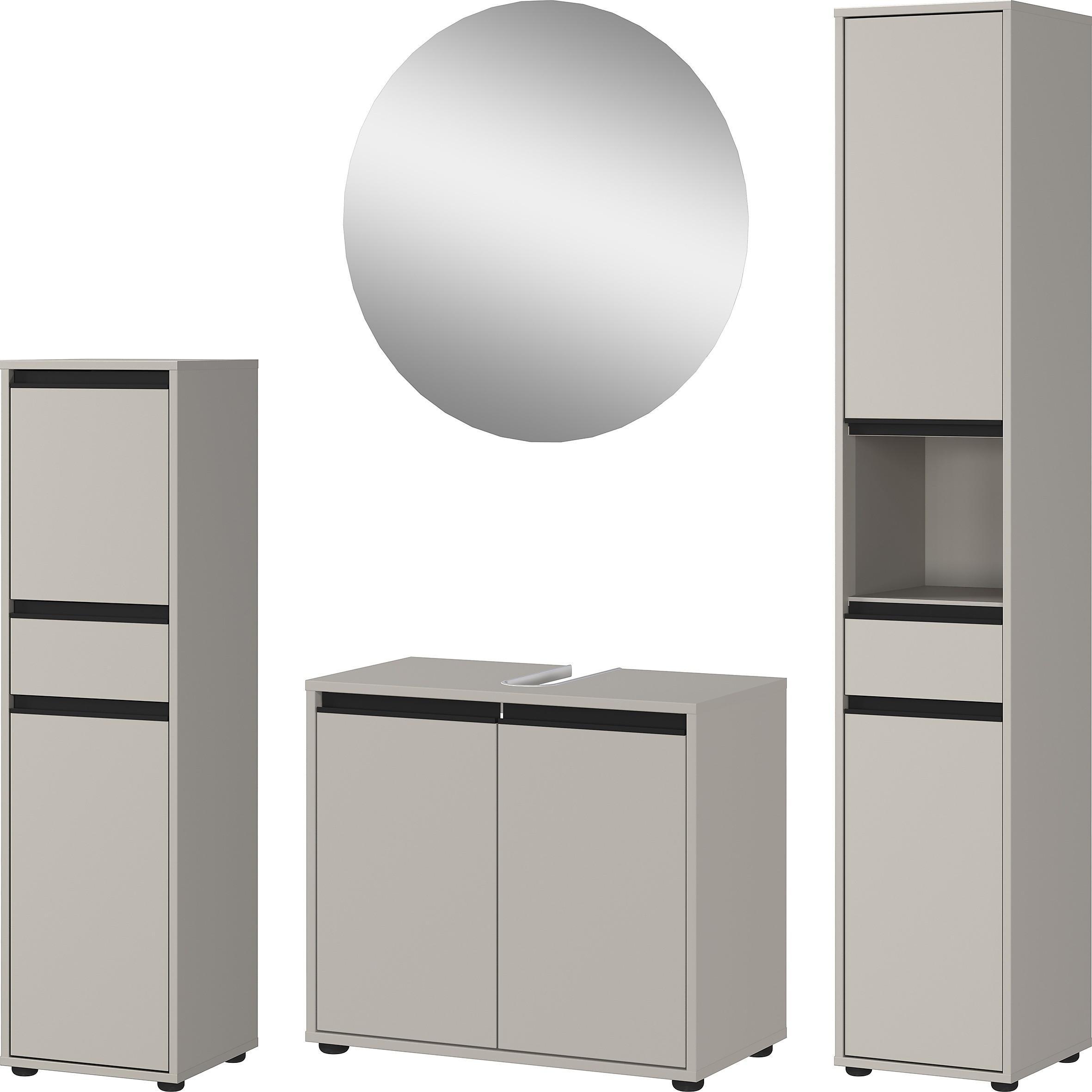 BADMÖBEL-SET HAMBURG 4-teilig | Runder Spiegel, Hochschrank, Unterschrank, Midischrank | Soft-Close & Matt | Steingrau - Grau, Holzwerkstoff (156/190/34cm) - KADIMA DESIGN