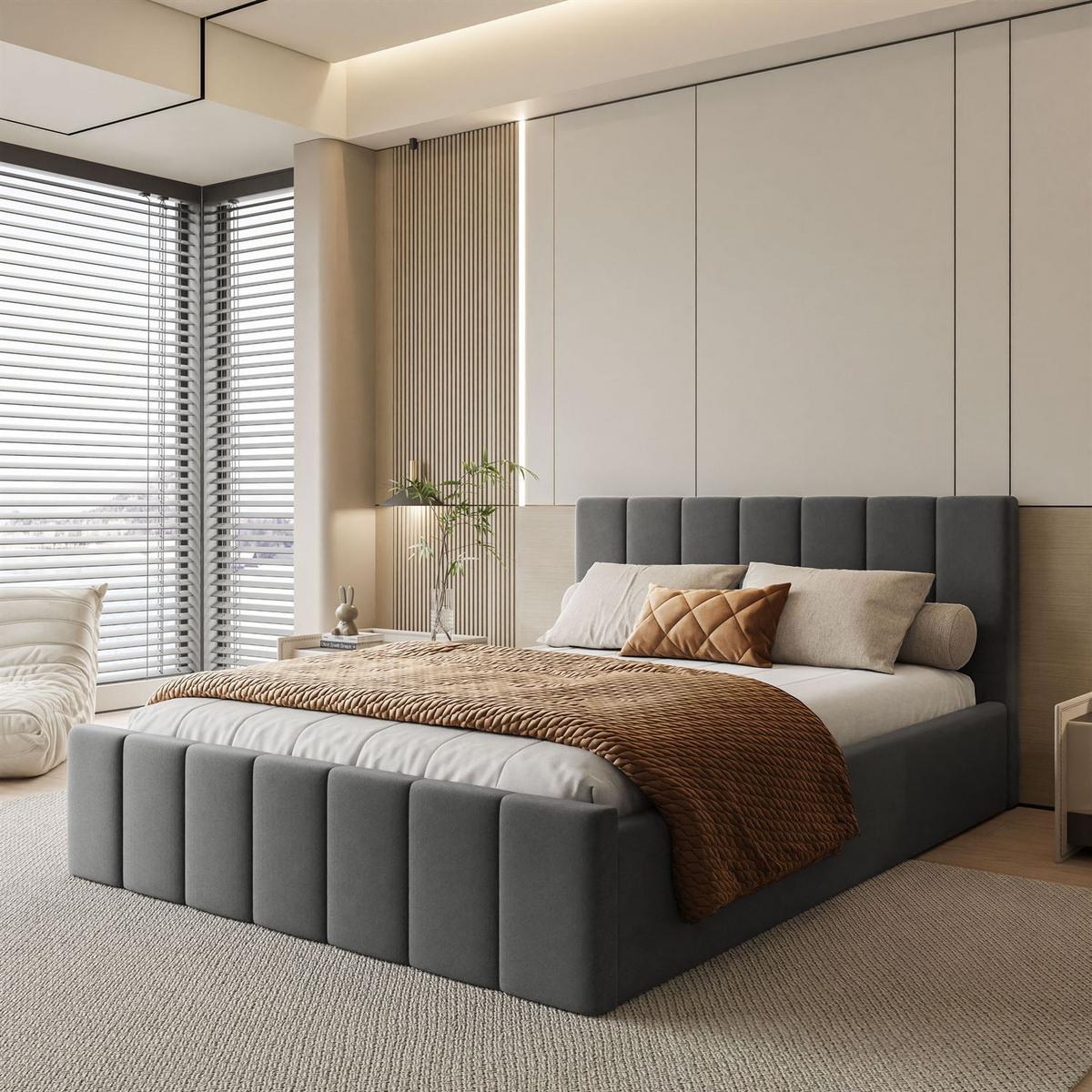 POLSTERBETT ELISE 90x200 cm Jasmine 96, Kopfteil 95 cm, 17 Holzlatten - Grau, Textil (90/200cm) - Lookway