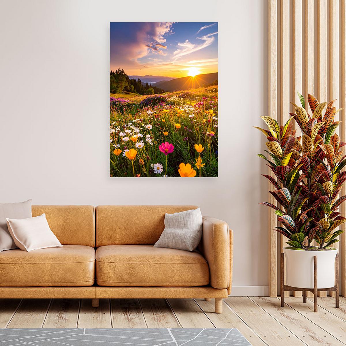 LEINWANDBILD Wiese Blumen Berglandschaft Natur 70x100cm - Multicolor, Textil (70/100cm) - Feeby