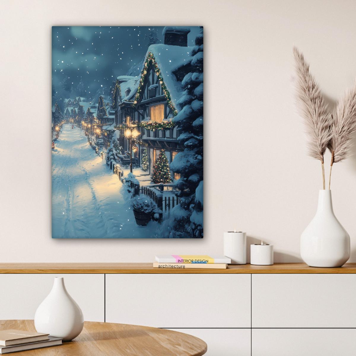 LEINWANDBILD Weihnachtsdorf - Weihnachten - Schnee - Winter Wandbild Wohnzimmer 60x80 cm - Dunkelblau, Textil (60/80cm) - MuchoWow