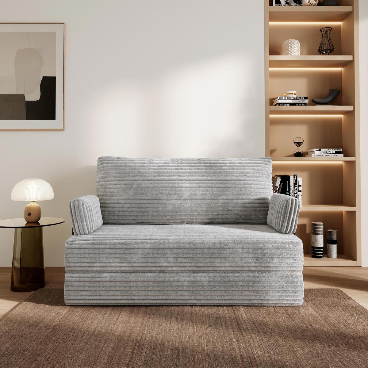 BETTSOFA LADIA aus Schaumstoff Kordstoff Hellgrau Schlaffunktion - Grau, Textil (140/86/60cm) - MASSENO