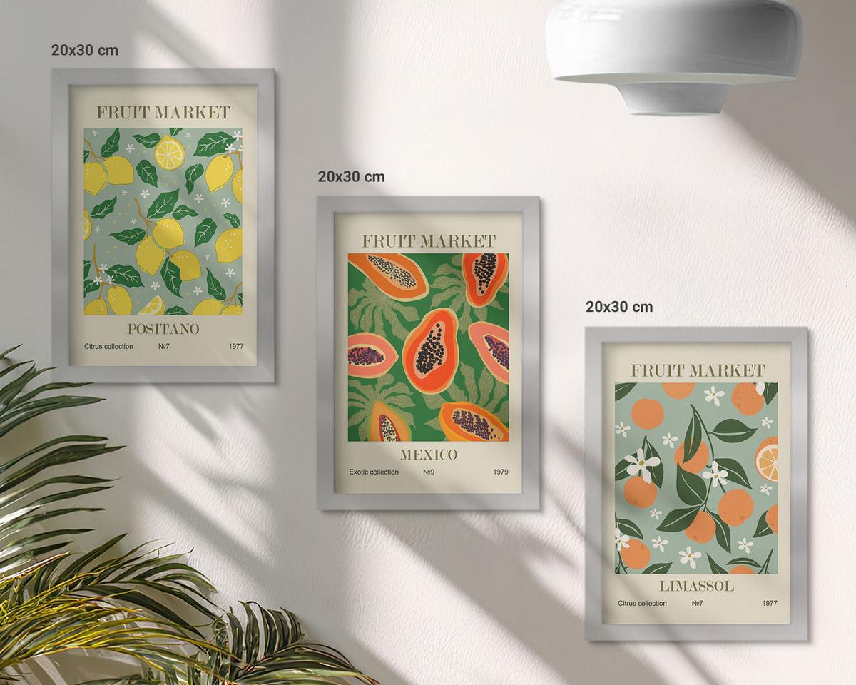 BILDER SET 3er Set - 20x30 cm Silberner Rahmen - Fruchtposter Zitronen Papayas - Silberfarben, Kunststoff (20/30cm) - TULUP